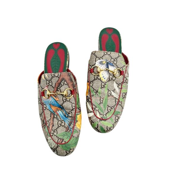 Gucci Princetown Gold Horsebit Tian GG Monogram Bird Print Canvas Mules Size 37 - Picture 1 of 9